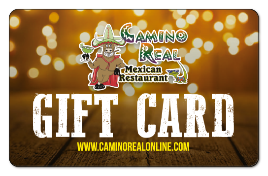 Camino Real logo featuring toned aztec cartoon and lizard over background of wood planking and fairy lights